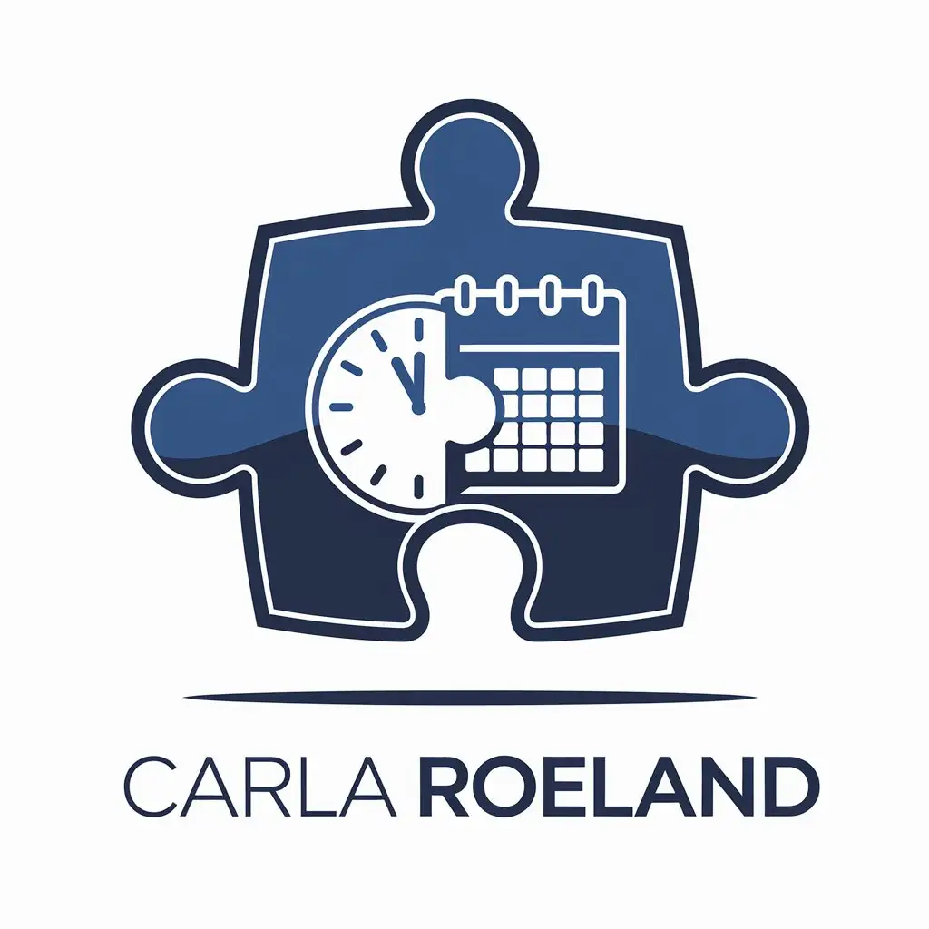 LOGO Design for Carla Roeland Blue Puzzle Piece with Clock and Calendar Theme