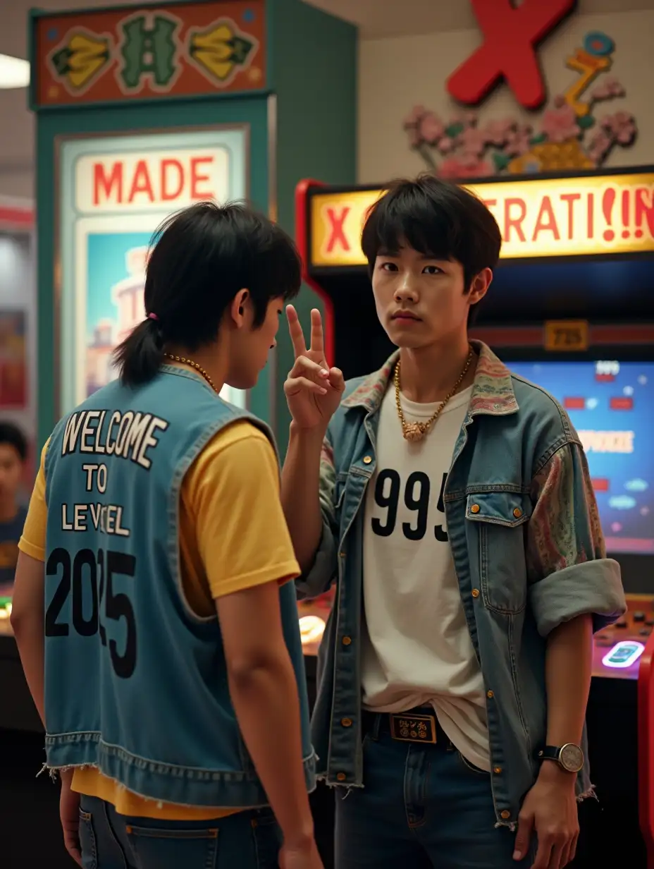 1980s-Arcade-Scene-with-Two-Korean-Men-Playing-Slot-Machine-and-Sporting-Retro-Fashion