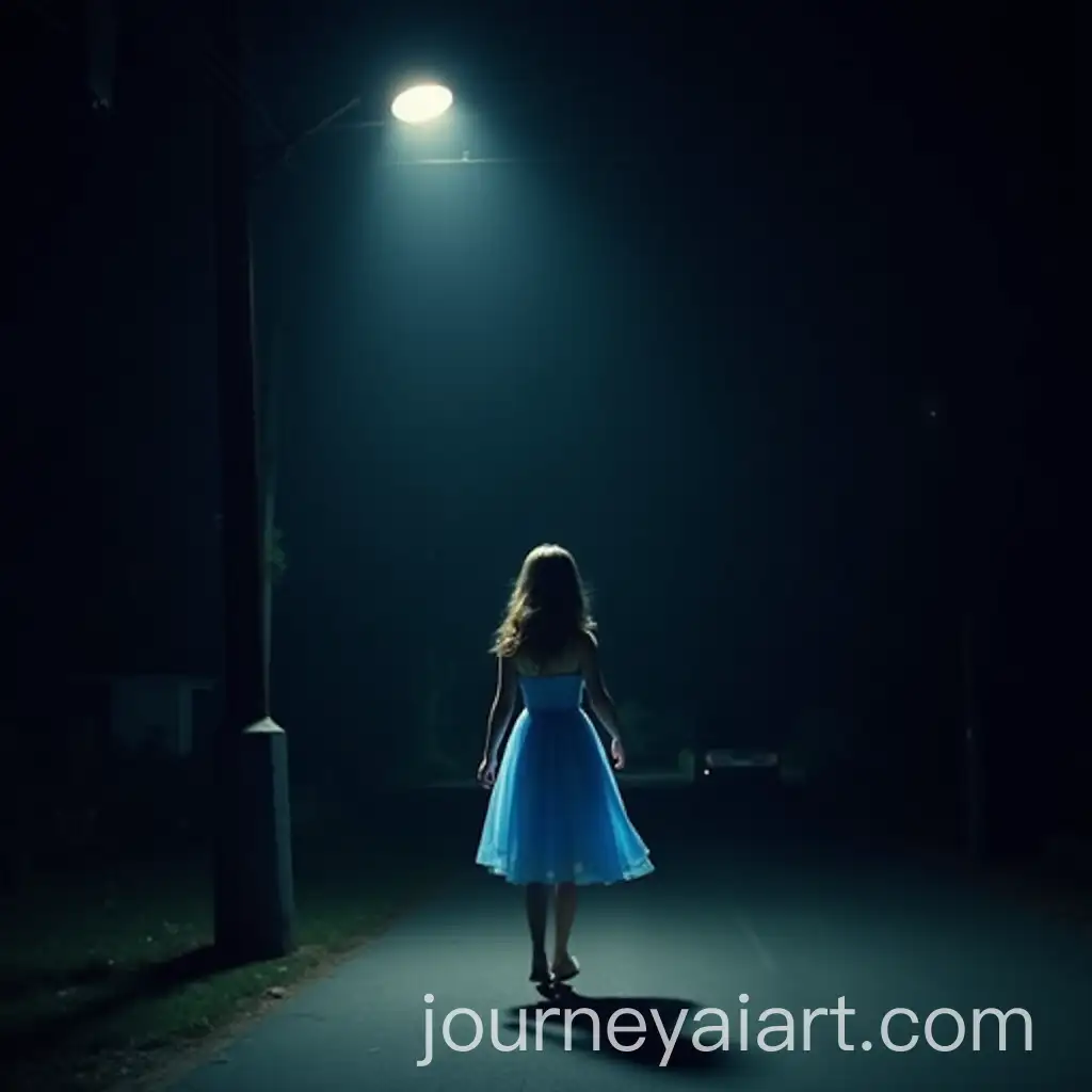 Girl-Walking-in-a-Dark-Street-Under-a-Streetlight-in-a-Blue-Dress