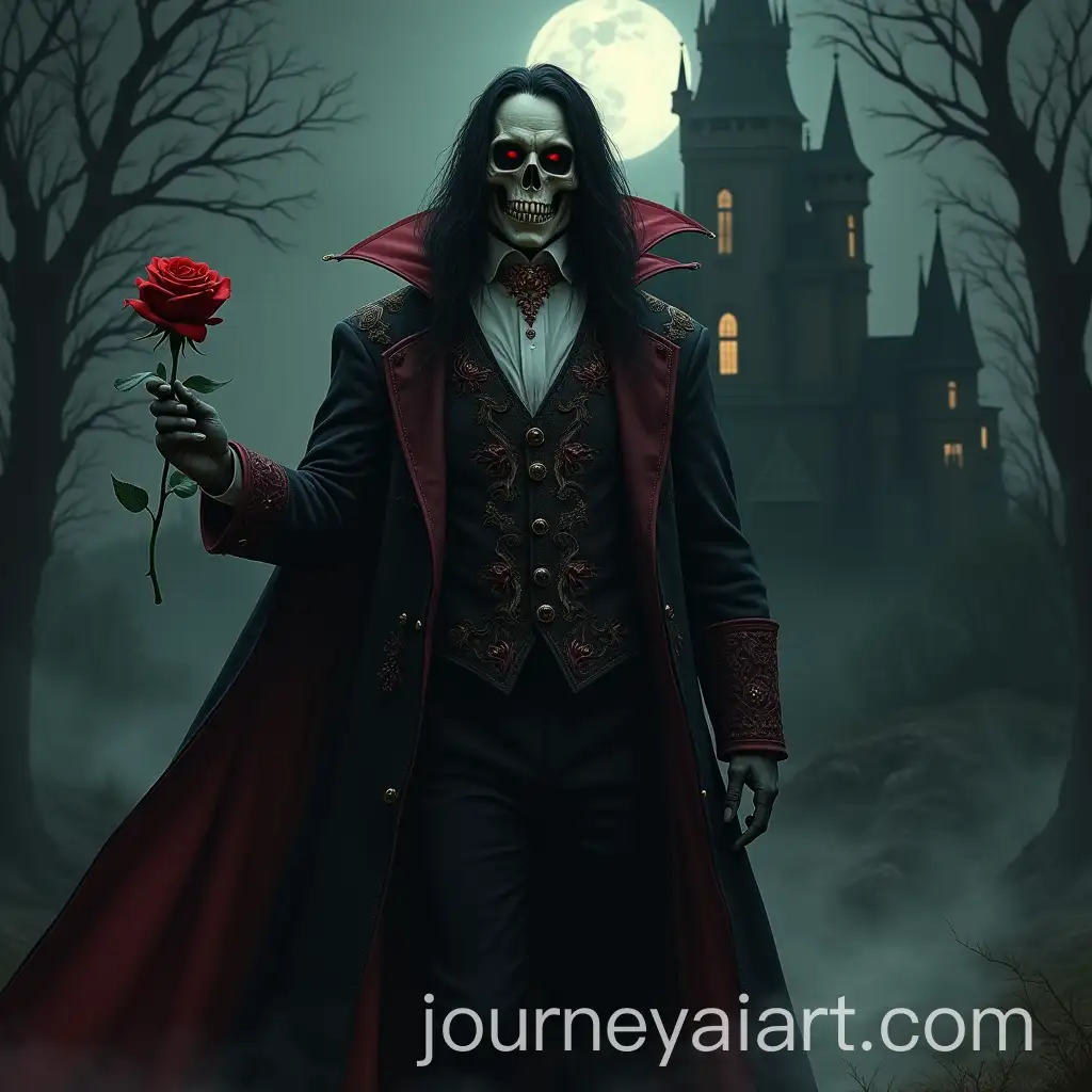 Gothic-Vampire-Lord-with-Skull-Face-Holding-BloodRed-Rose-in-Front-of-Eerie-Castle