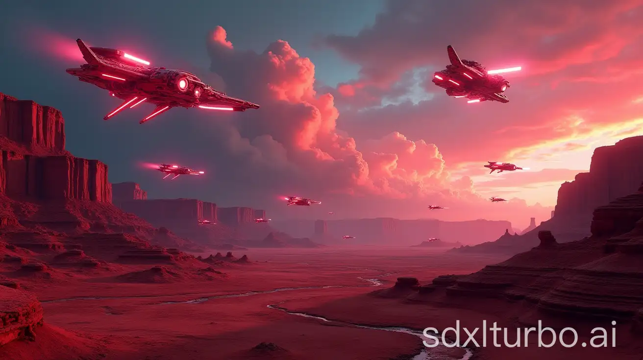 Futuristic-Cyber-City-Amidst-Red-Rock-Desert-with-Neonlit-SciFi-Cars