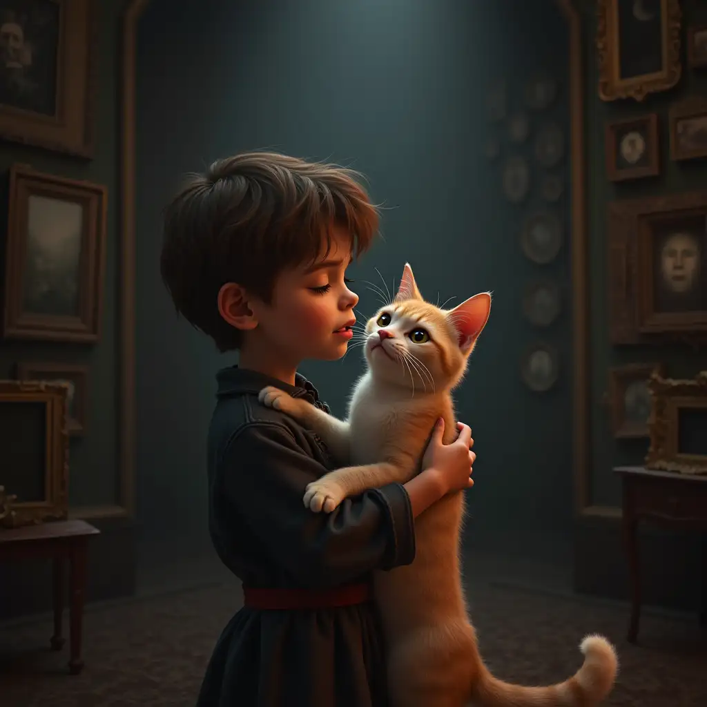 a boy hugs a cat, the boy cries, the magic cat, the boy and the cat look at each other, they are in a large room with many picture frames, magical style, classic, with magic light, Brown-haired boy, wearing a wizard's shirt, magical dark room