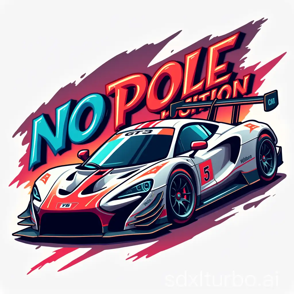 Design a vibrant and playful logo for a YouTube channel named 'NO POLE POSITION.' The logo should be eye-catching and memorable, incorporating elements related to GT3 racing in a fun and unique way. dynamic colors to evoke excitement and energy. The text 'NO POLE POSITION' should be prominent and creatively integrated into the design. Aim for a look that is both professional and engaging, suitable for a wide audience.