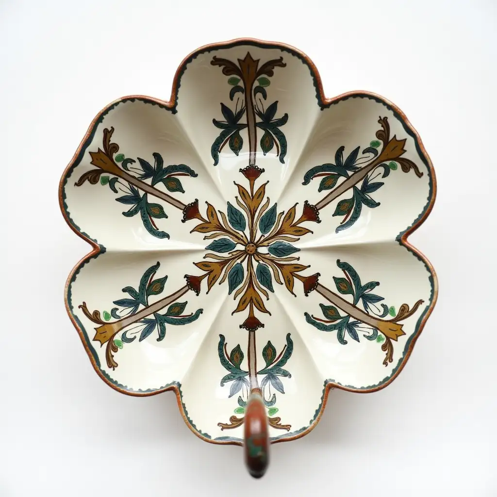 A ceramic serving in the shape of a six-petaled flower with a ceramic handle, Underglaze painting on white body, Fine art, Hyper detailed, Antique and old, Qajar art, Iranian Tabriz carpet design