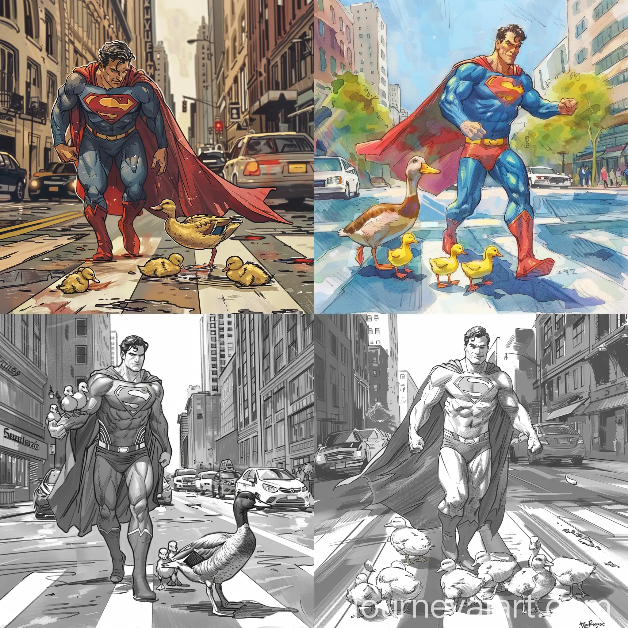 Superman-Helping-Duck-and-Ducklings-Cross-the-Street-in-Comic-Style