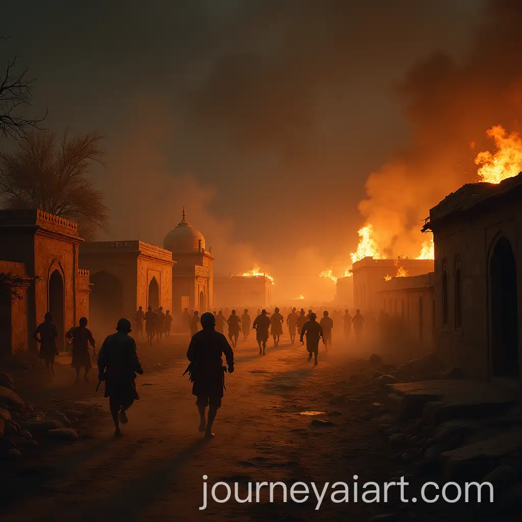Rajasthani-Village-Under-Mughal-Attack-at-Night-with-Flames-andAI-Image-Prompt-Expansion-Chaos