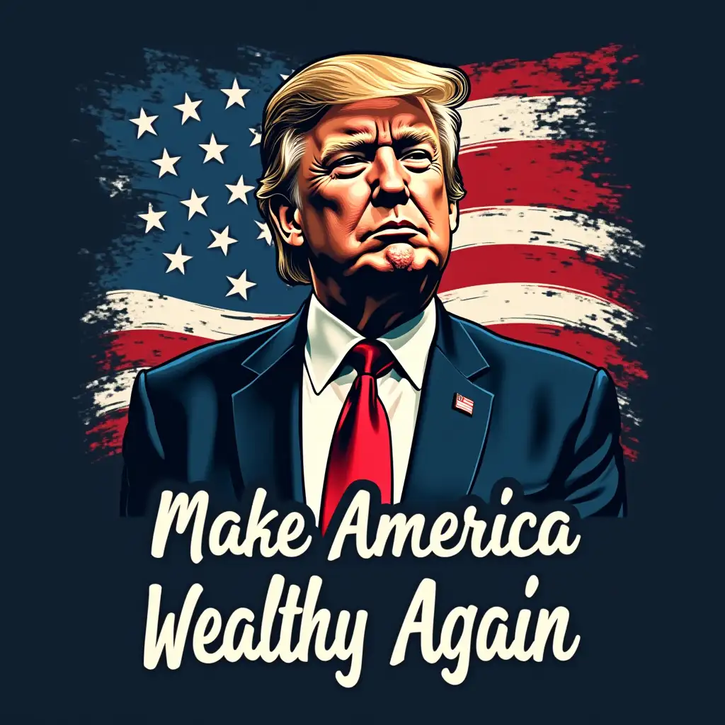 Create me a graphic tee design with Donald trump with the caption make America wealthy again