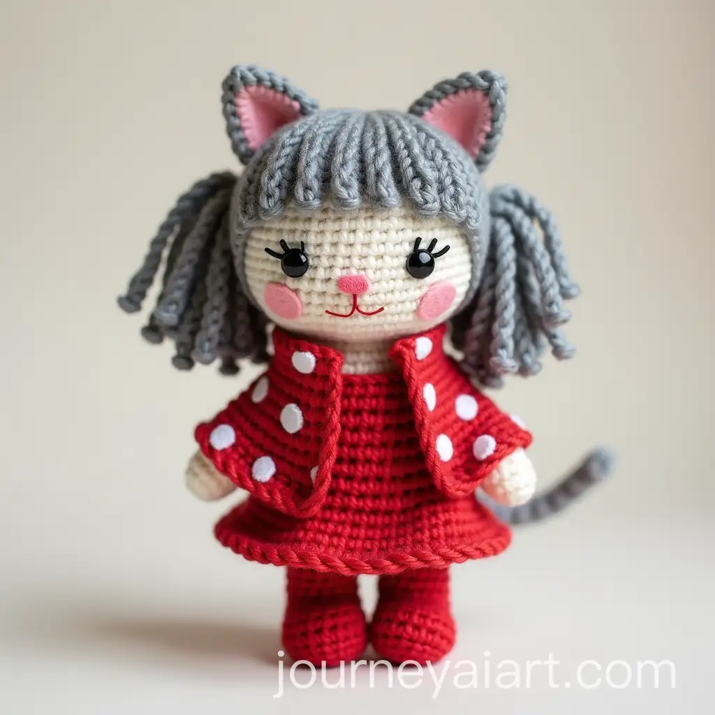 Amigurumi-Little-Cat-Girl-in-Red-Babydoll-Dress-with-Polka-Dot-Shawl