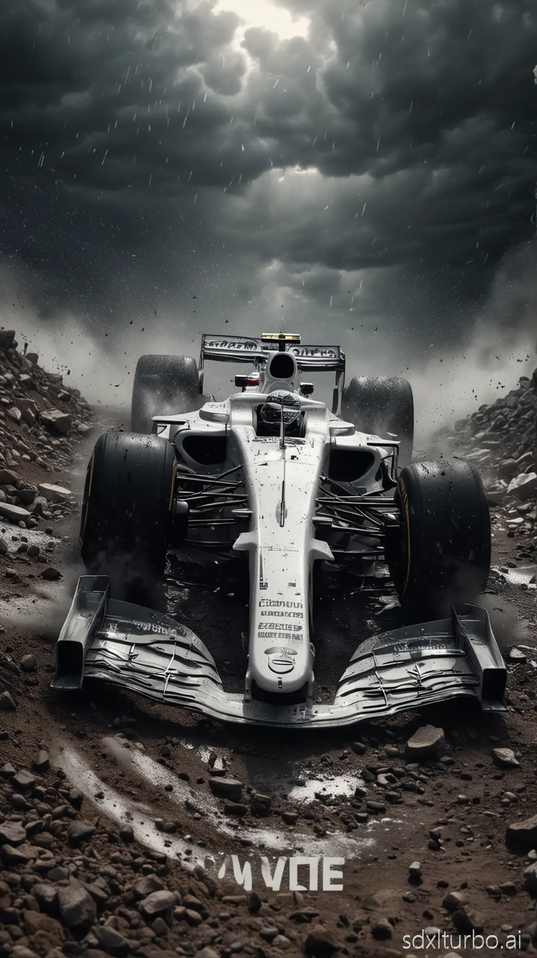A cinematic movie poster featuring a white Formula 1 car, inspired by the 2020 AlphaTauri design, upside down in a gravel trap. The car is on fire, sparks and flames bursting from the wreckage. It’s raining heavily, raindrops splashing against the fire and smoke. The scene is dramatic, shot at a tilted angle for intensity, with cinematic lighting, ultra-realistic textures, high detail, and dark storm clouds in the background. At the top, bold movie-poster style text reads: “WHITE: THE GREATEST ALSO FINISH.” The overall design should look like a blockbuster film poster, gritty and realistic, with a dark, moody color palette