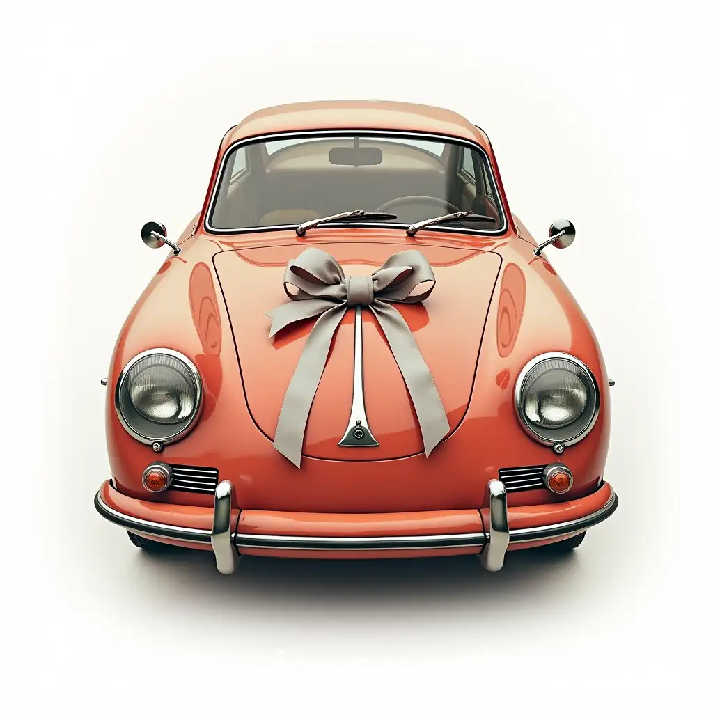 Vintage-Porsche-911-with-Gift-Ribbon-on-White-Background