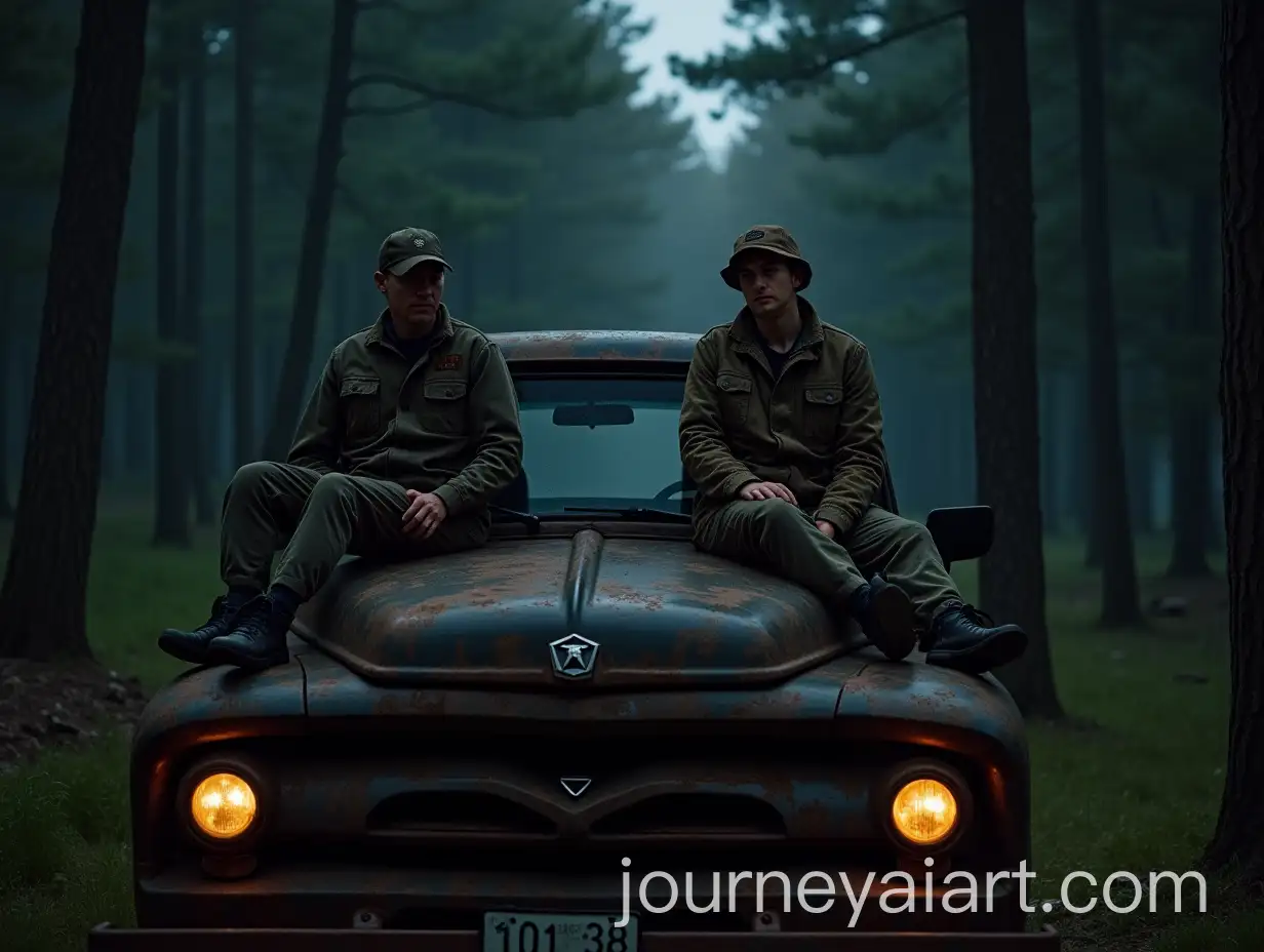 Two-Old-HuntersAI-Image-Prompt-Expansion-Sitting-on-Rusty-Pickup-Hood-in-Forest-at-Night