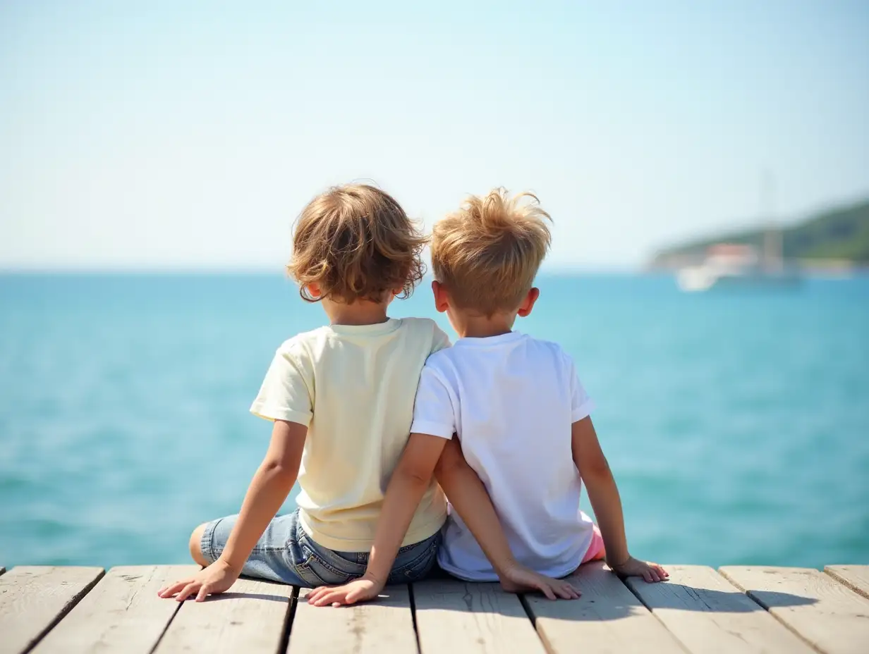 Two children, boy brothers, sitting on a pier on Mediterranean sea on French Riviera