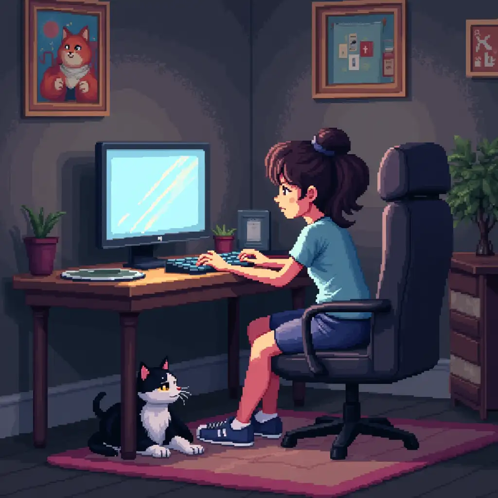 It sounds like a cozy scene! A pixelated girl immersed in her computer games while a black-and-white cat lounges beside her—perfect for a relaxed gaming atmosphere. Is the cat just chilling.