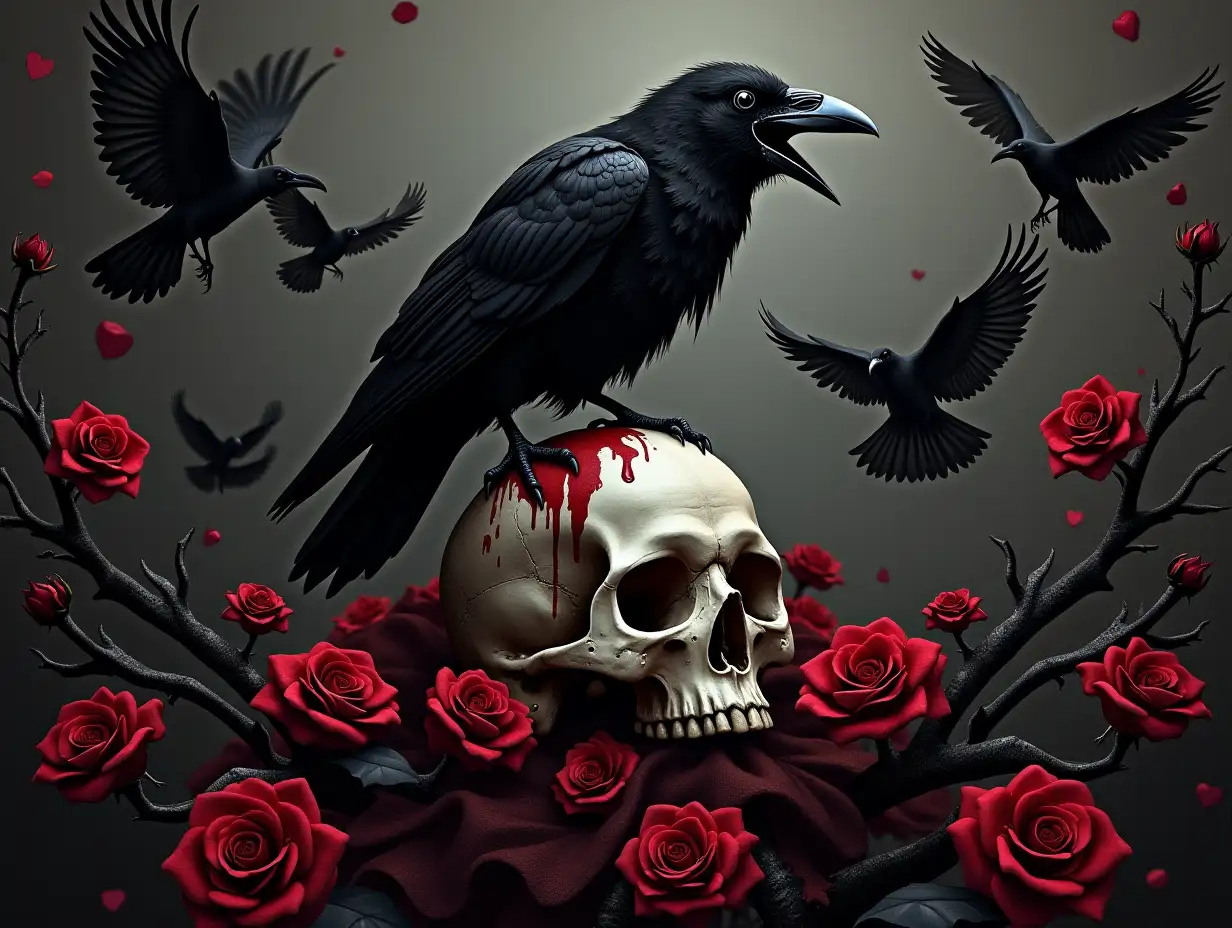 Create a dark, gothic, hyperrealistic illustration featuring a large, detailed raven perched atop a human skull, positioned at the center. Surround the skull with red roses and thorny black branches dripping with blood. Include multiple ravens in various stages of flight, with some circling or perched on the branches and skull. Use a dark and dramatic color palette of black, deep red, and dark burgundy. Emphasize sharp details, focusing on the intricate feathers of the ravens, the fine texture of the skull, and the roses. The overall composition should evoke an ominous, death-themed aesthetic in a dark, possibly nocturnal landscape, conveying a sense of mystery and darkness. Vector illustration, grunge 