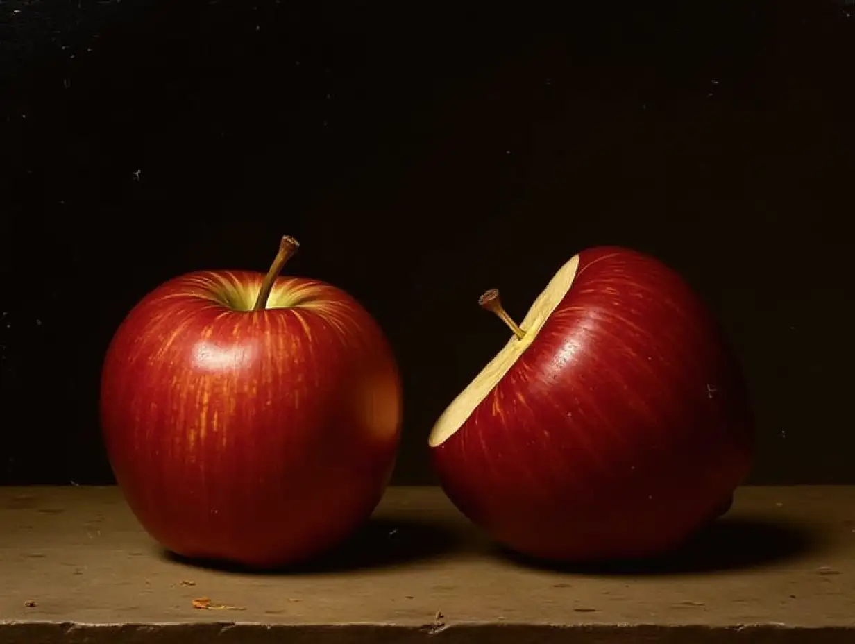 Still life of two red apples and a half lying in opposite positions on a table on a dark brown background in the style of the 15th century