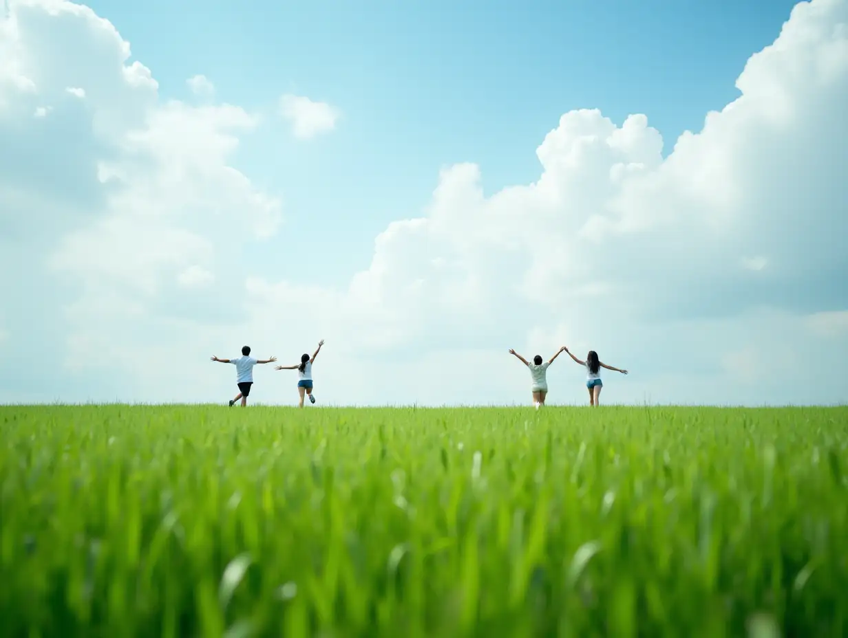 A vast green field, with white clouds filling the sky, looks very spectacular. In the field, a few people were running, their arms wide open, filled with a sense of freedom and joy. This scene gives people a carefree and energetic feeling, reflecting the purity and beauty of intimate contact with nature.nnThe overall atmosphere is peaceful and pleasant, full of sunshine and natural vitality, reminiscent of the peaceful life in the countryside and the happiness of sharing wonderful moments with family or friends.