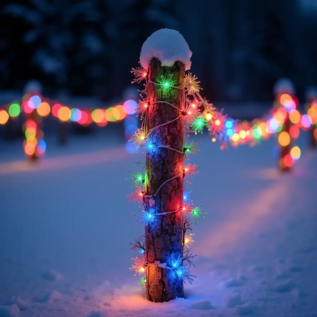 A Christmas fence post, decorated with a multi-colored light garland, with a white ice rink behind it