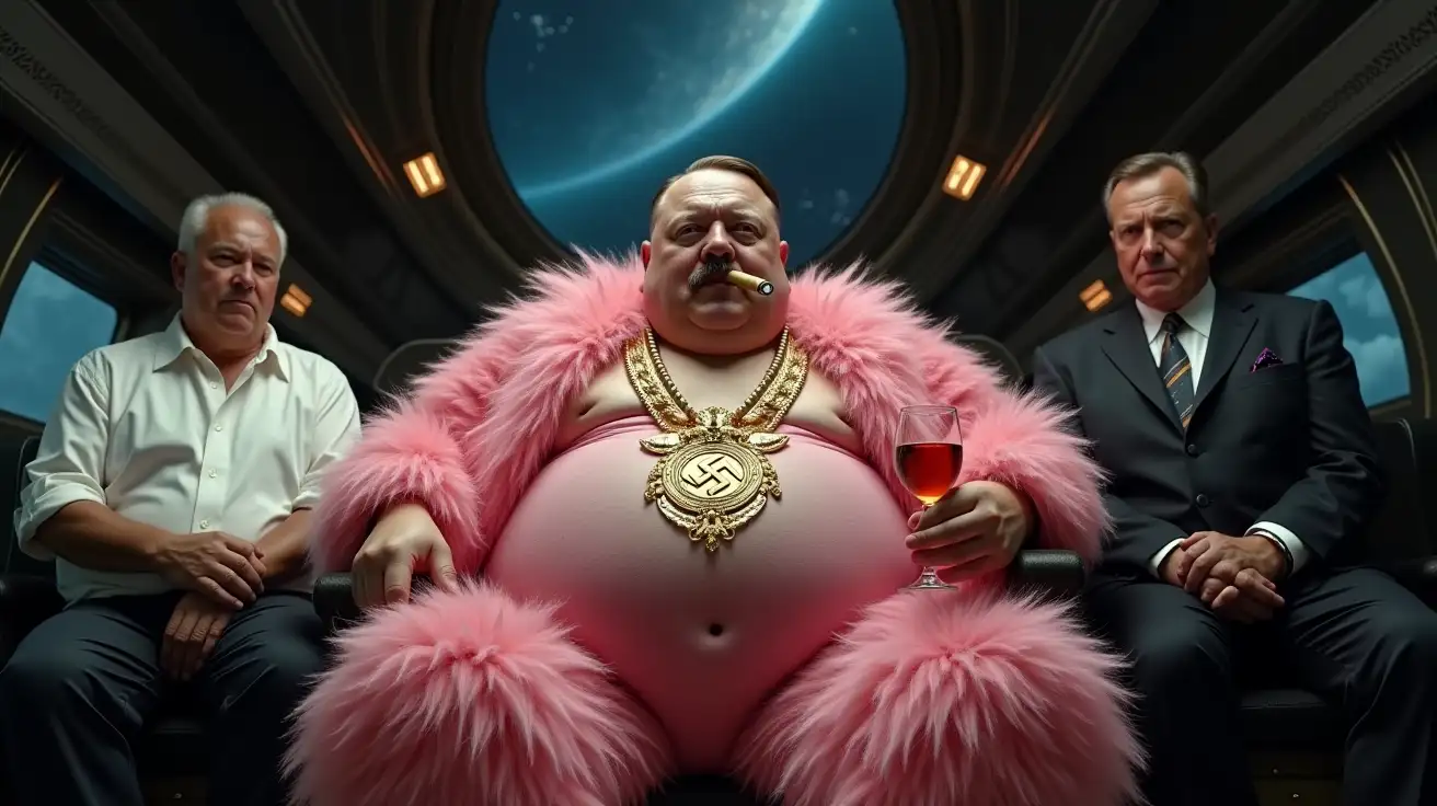 an extremely obese Adolf Hitler, sat in the crew deck of a very large dark and gloomy spaceship wearing a fluffy pink pimp outfit with a gold nazi symbol medalion around his neck, a big grin on his face, smoking a cigar with a glass of fine wine in his hand, either side of him sit two men, one quite big and chubby wearing a white sleveless shirt and the other tall and slim wearing a smart suit, a dramatic cosmic space scene visable through the windows, in the style of the series the expanse