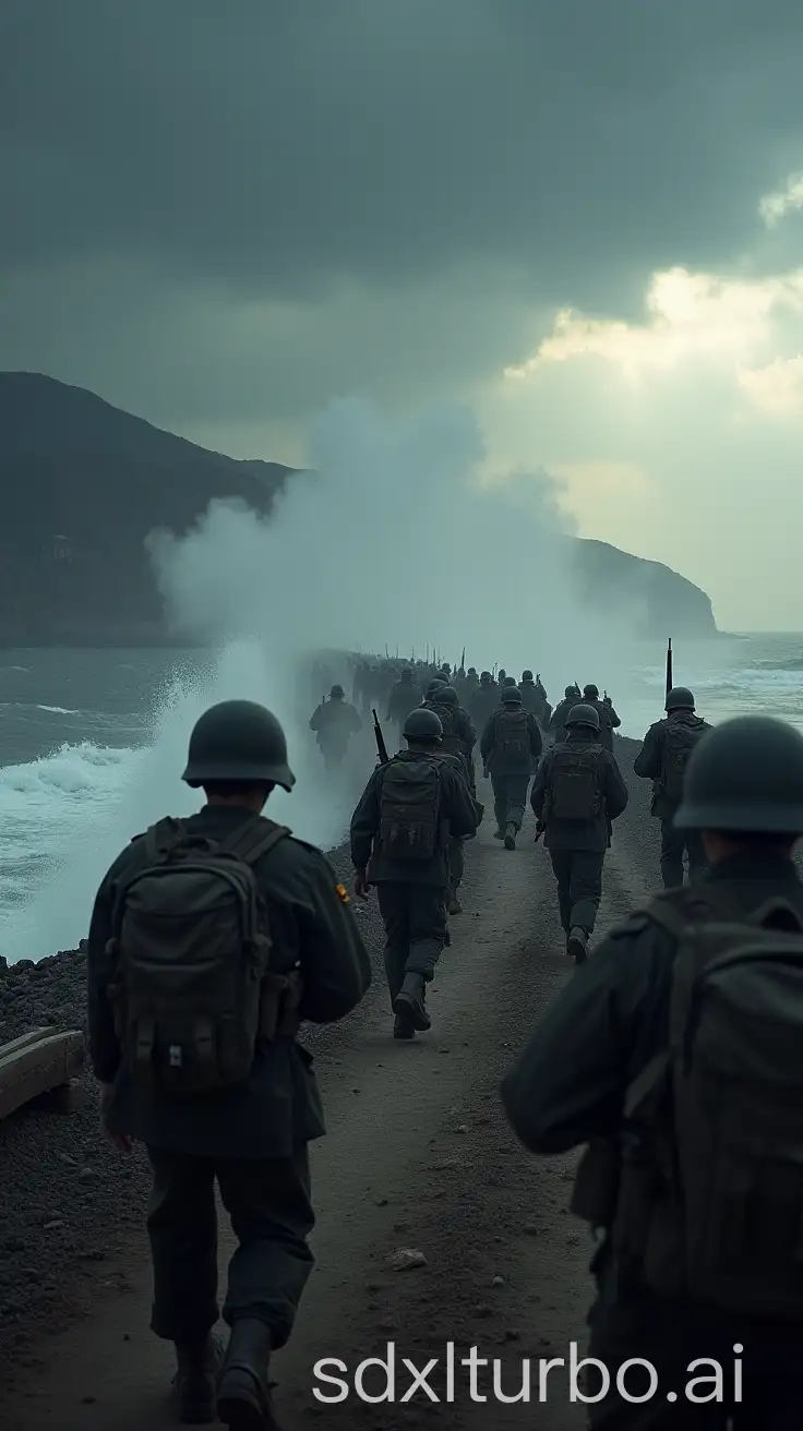 A massive wave of 75,000 North Korean soldiers crossing the 38th parallel, heavily armed and advancing into South Korean territory, capturing the tense moment that began the Korean War, under a dark, dramatic sky