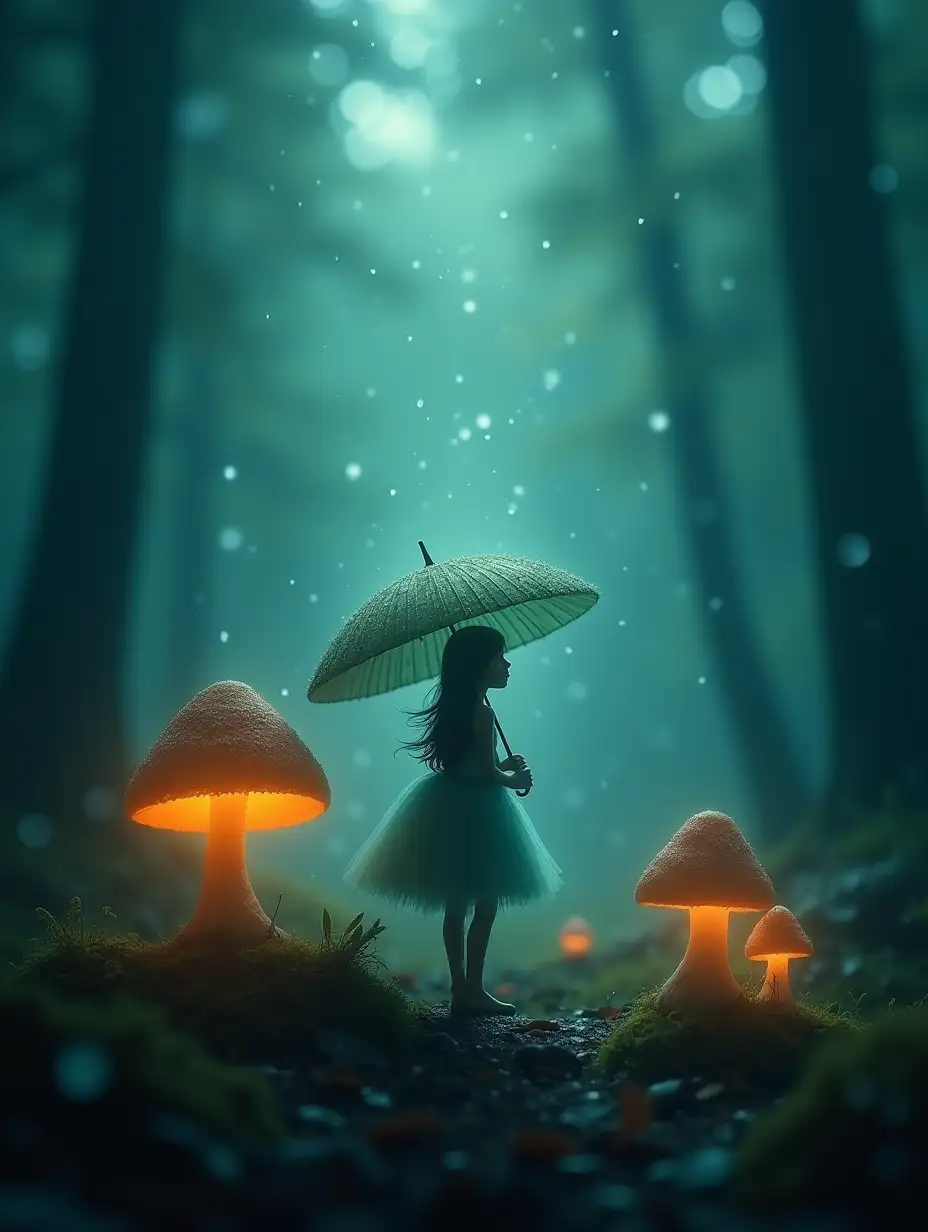 In style of Juan Brufal, in a misty forest, [Delicate fairy with physcdelic umbrella] beneath a Dreamy Rainfall Bokeh, with blurred raindrops catching the light. Use cool [sapphire] and [pastle green] hues to convey serenity and introspection with glowing mushrooms