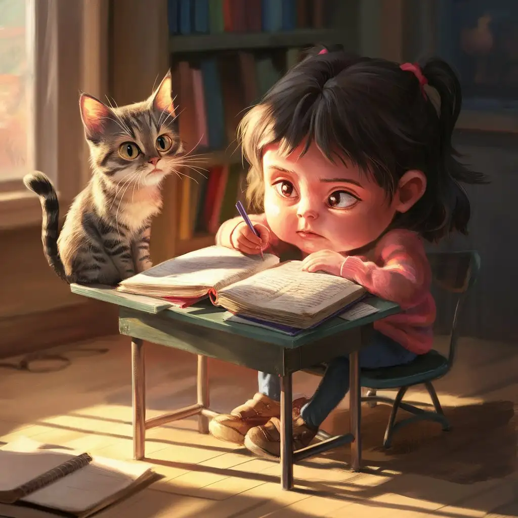 a girl who is studying including a cat