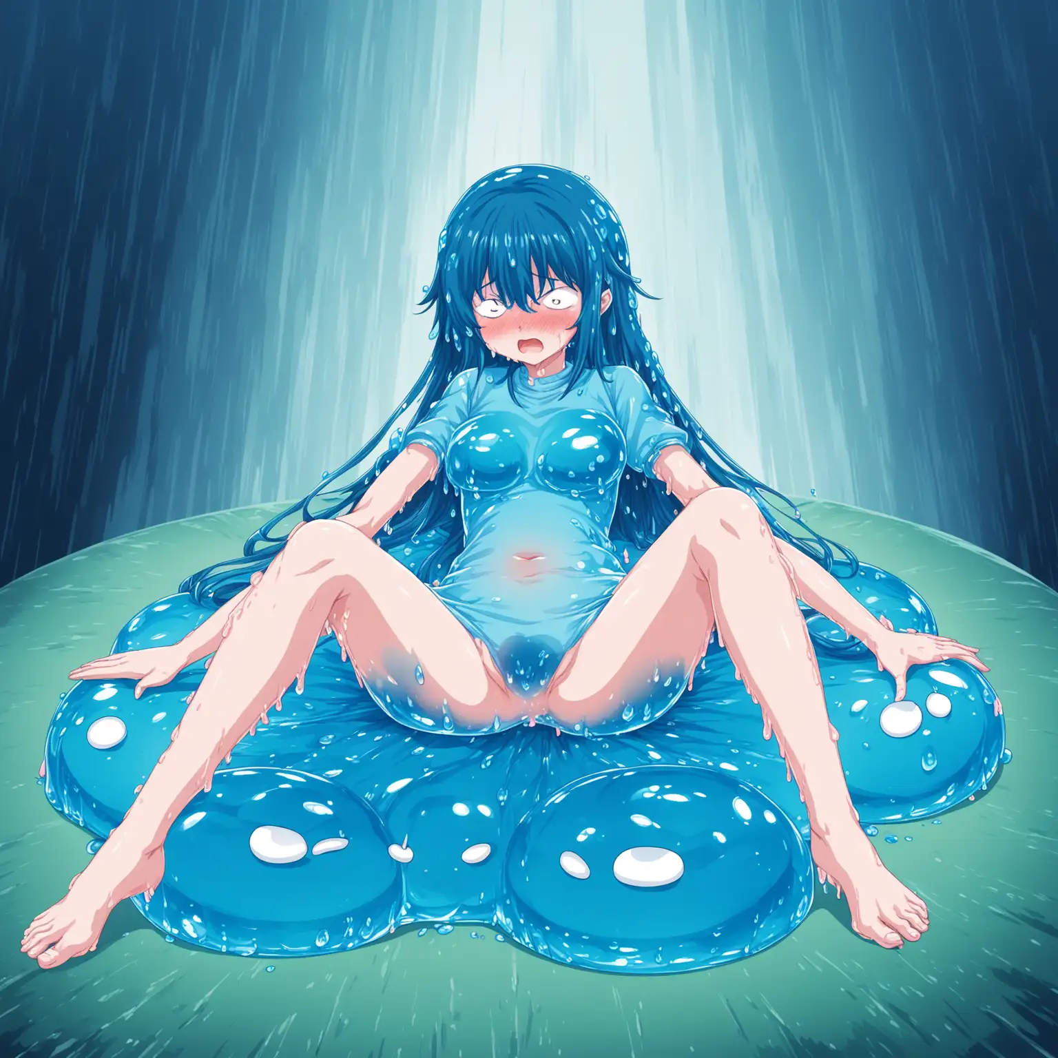 Generous slime girl. Half-transparent blue body. Spreading her legs and fainting. Anime illustration.