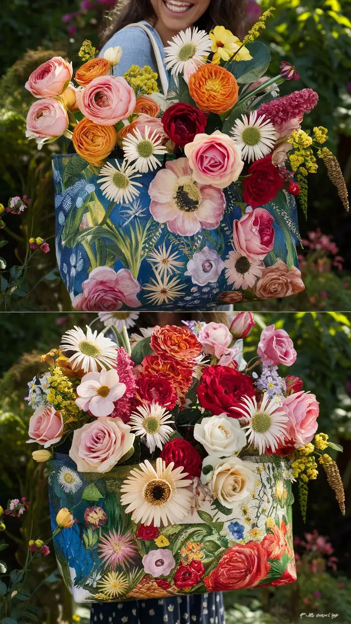 close-up of a tote bag bursting with vibrant, hand-painted flowers in various colors and styles, roses, daisies, wildflowers, detailed petals and leaves, natural light, garden setting, admiring, joyful, realistic --ar 1:1 --zoom 1.1