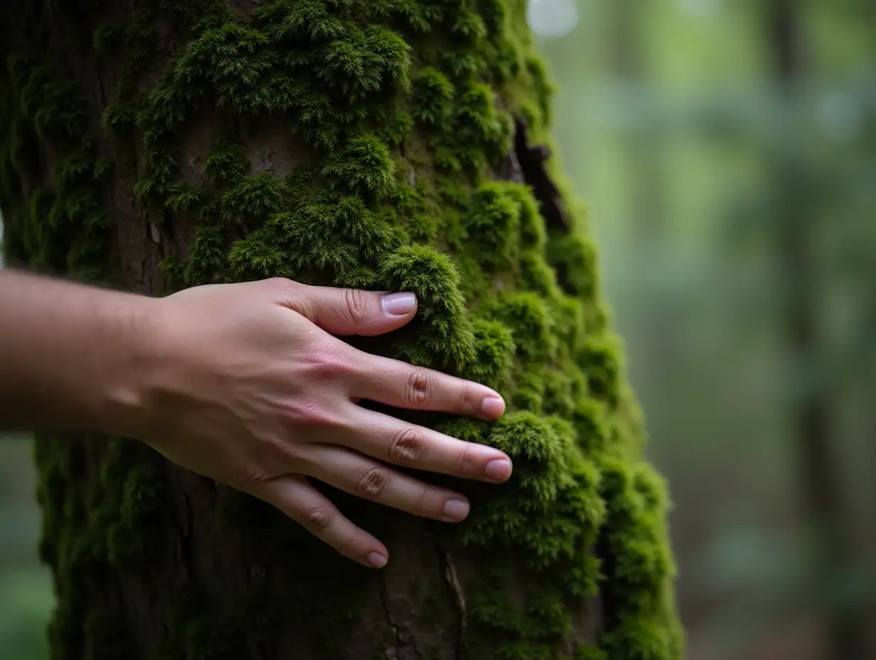 Hand is touching tree trunk covered in moss