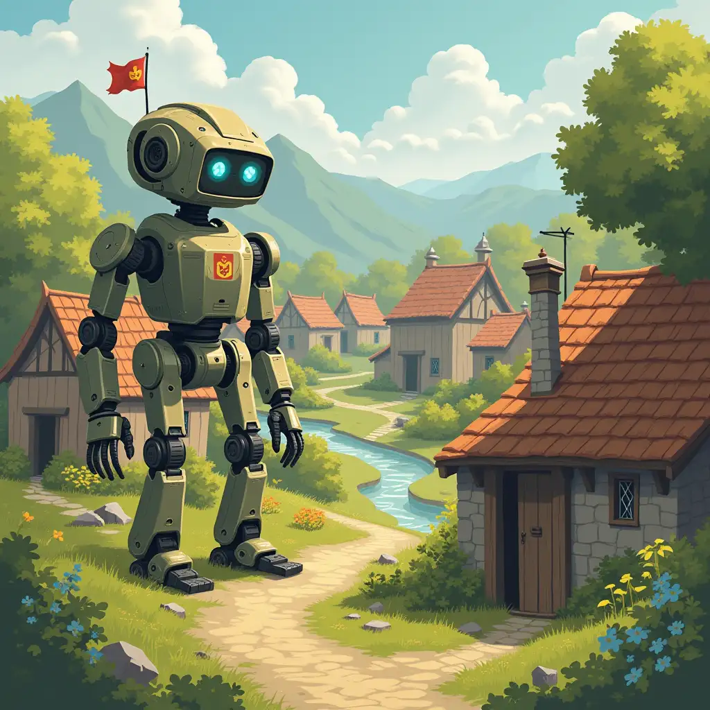 simple village of old times, accompanied by robot