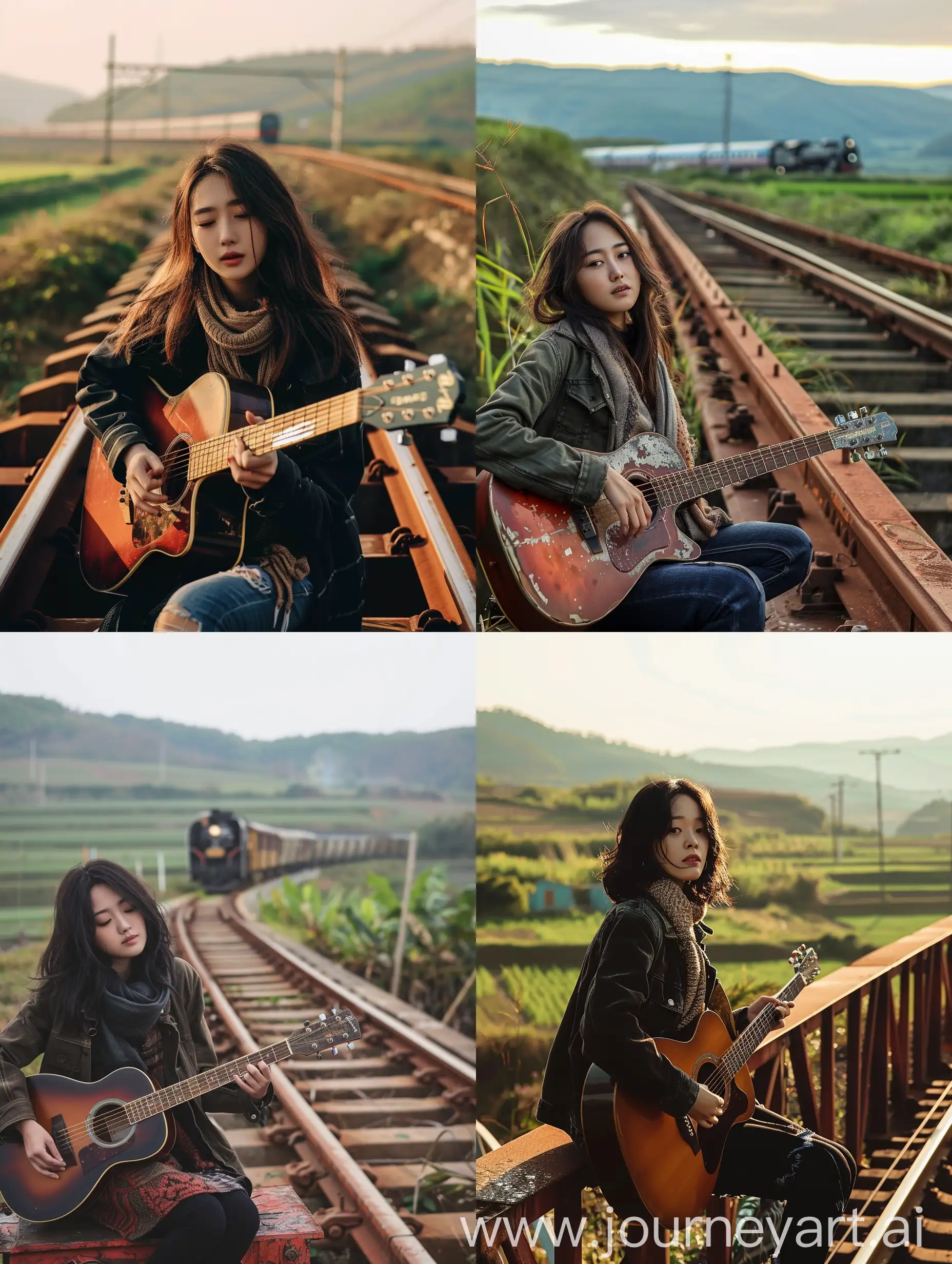 Young-Korean-Woman-Playing-Guitar-on-Rusty-Red-Bridge-at-Sunrise