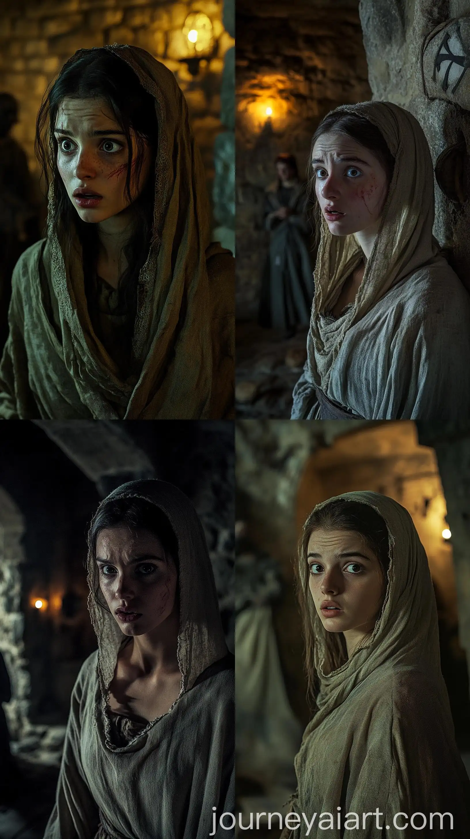 Medieval-Woman-Encountering-Visions-of-War-and-Famine-in-Stone-Chamber