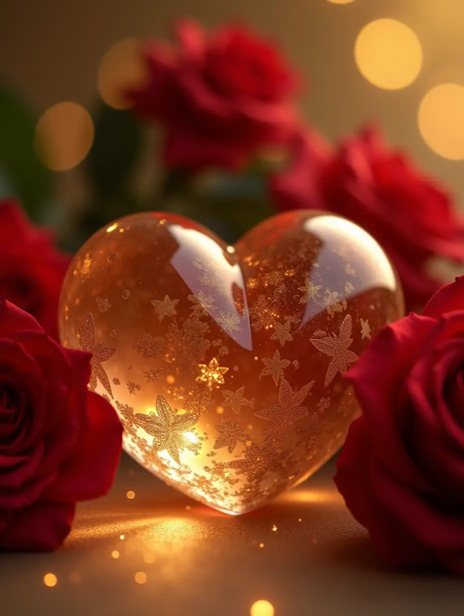 Close-up of an A very beautiful glass heart next to gold and red roses - a very ethereal image, dreamy tones. --v 5 --ar 4:5 --q 2 --style 4a