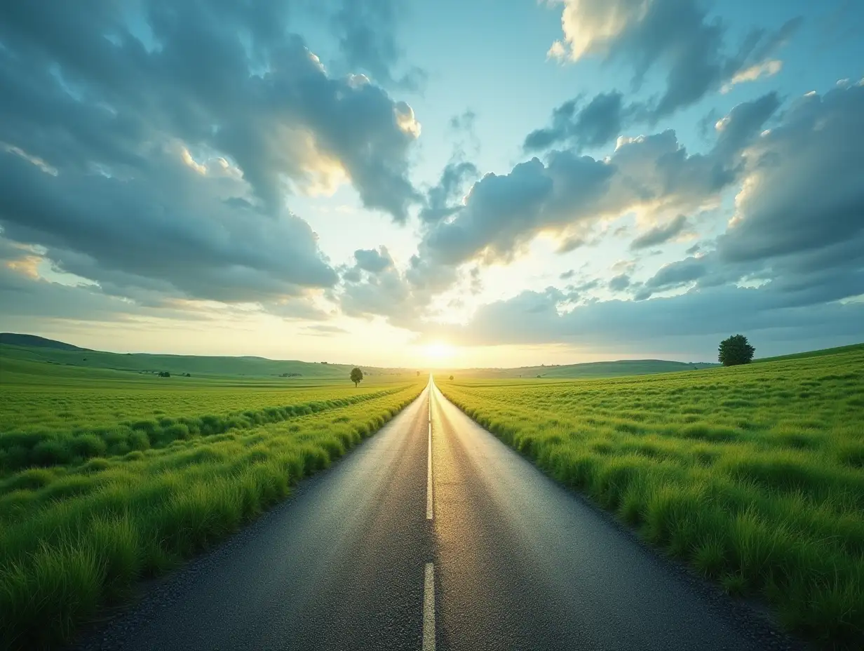 Sunny-Summer-Road-Through-Lush-Green-Fields-Under-Majestic-Skies