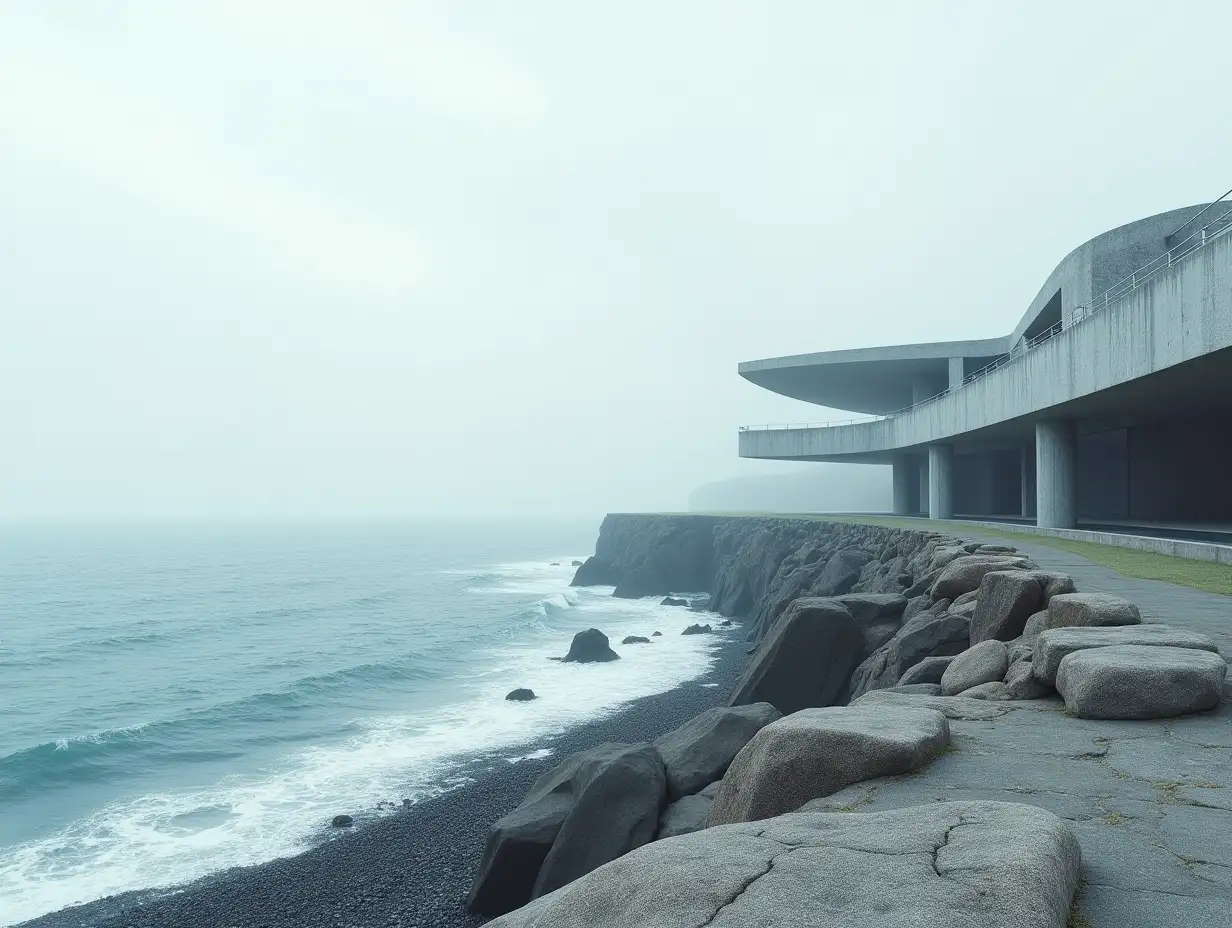 the striking landscape with modern brutalist architecture near the sea shore, sharp angles and clean lines, contrasting against the natural curves of the ocean, (long shot), minimalistic color palette, ultra realistic.