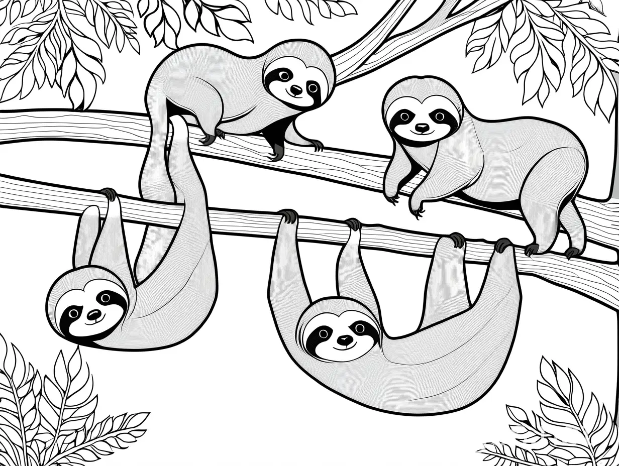 A group of sloths hanging from trees, Coloring Page, black and white, line art, white background, Simplicity, Ample White Space. The background of the coloring page is plain white to make it easy for young children to color within the lines. The outlines of all the subjects are easy to distinguish, making it simple for kids to color without too much difficulty