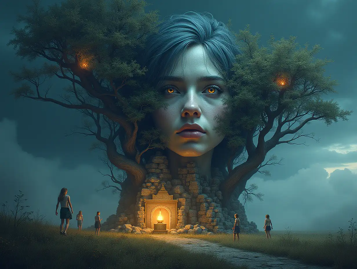 Creating a digital painting of a face with hair transforming into a building with silver stones and Illuminated trees with roots and lantern and alien beings on a meadow