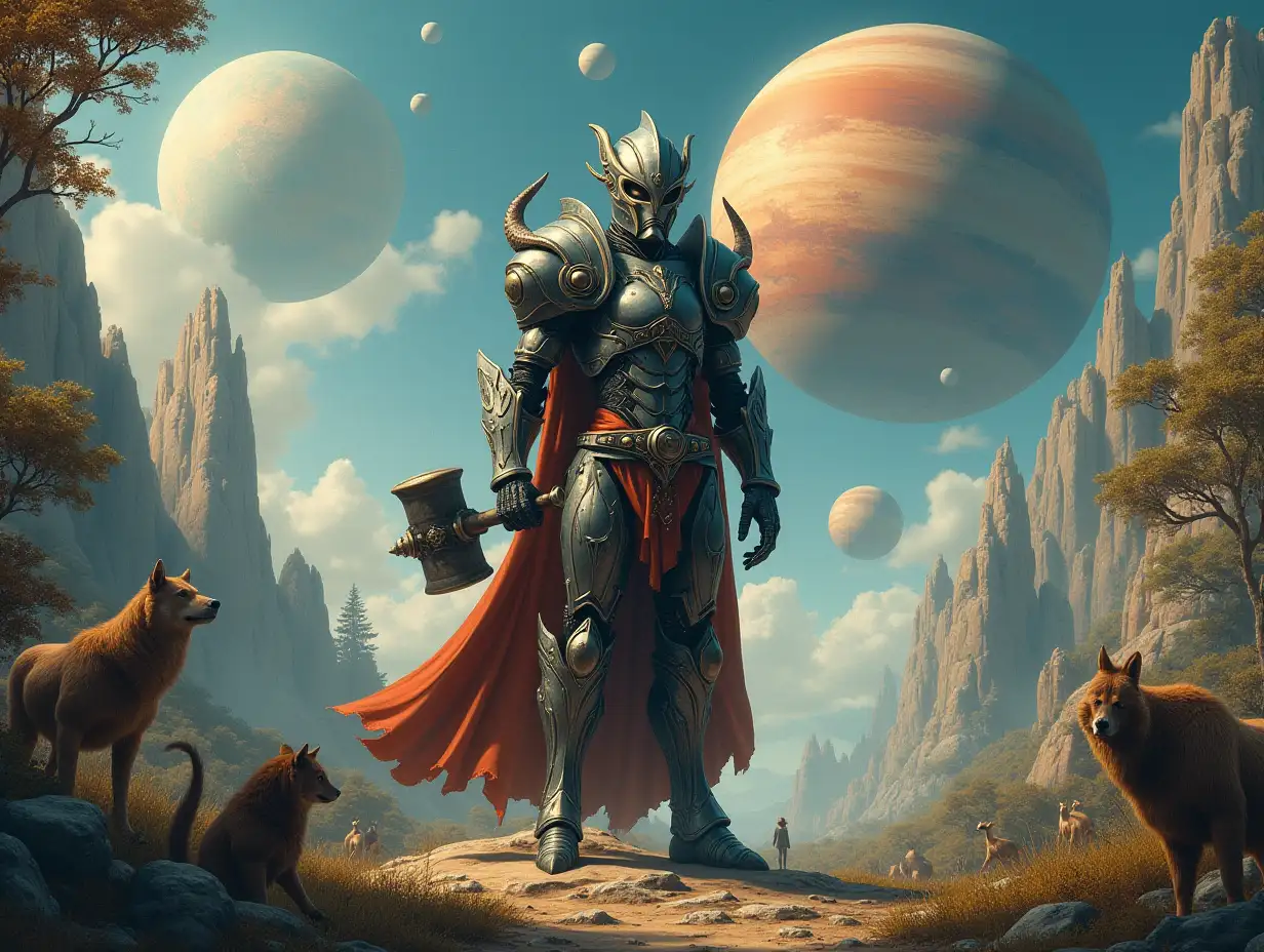 Hyperrealistic portrait of a time-traveling armored metal alien king 10 meters tall with a hammer in his hand on an island with many different animals, The elaborately detailed, colorful forested planets in the background