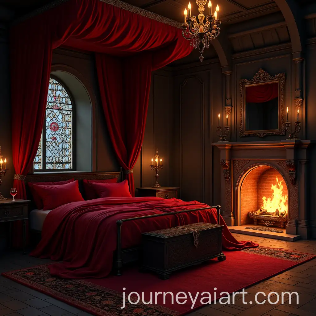 Luxurious-Bedroom-Concept-Art-with-Crimson-Canopy-Bed-and-Fireplace
