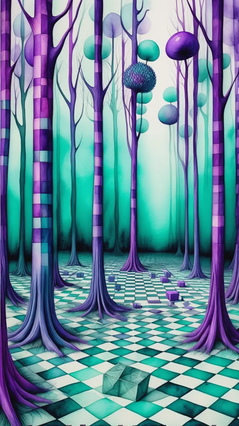 Vivid Teal and Purple Damier Forest Surrealism in Watercolor Style