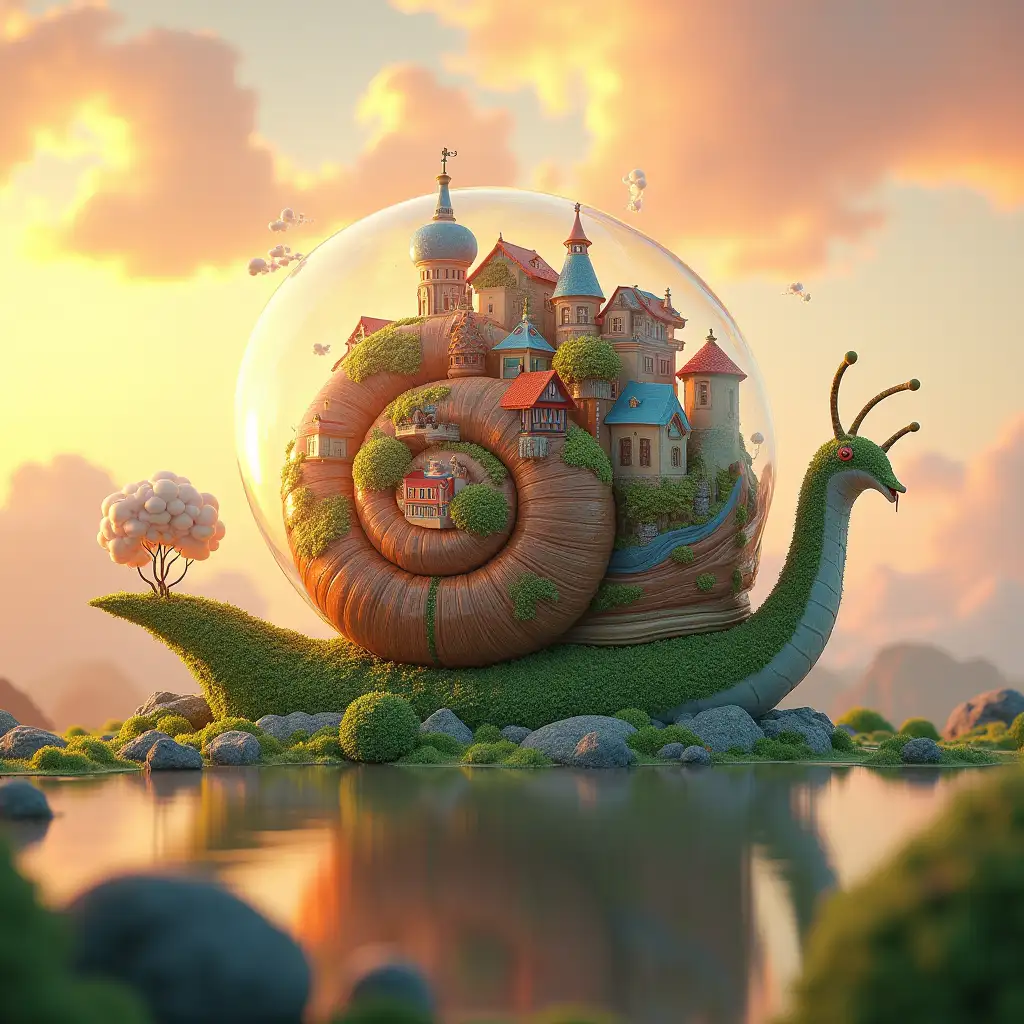 In style of  Kestutis Kasparavicius, A mesmerizing 3D rendering of a colossal glass snail carrying a vibrant, bustling village on its back. The snail's thick shell is covered in lush green moss, and its movements create a trail of steam. Beneath the snail's massive form, the village is a delightful array of colorful houses and buildings, with smoke curling from their chimneys. The sky is a breathtaking blend of warm orange and pink hues, casting a golden glow over the entire scene, creating a surreal and captivating atmosphere.