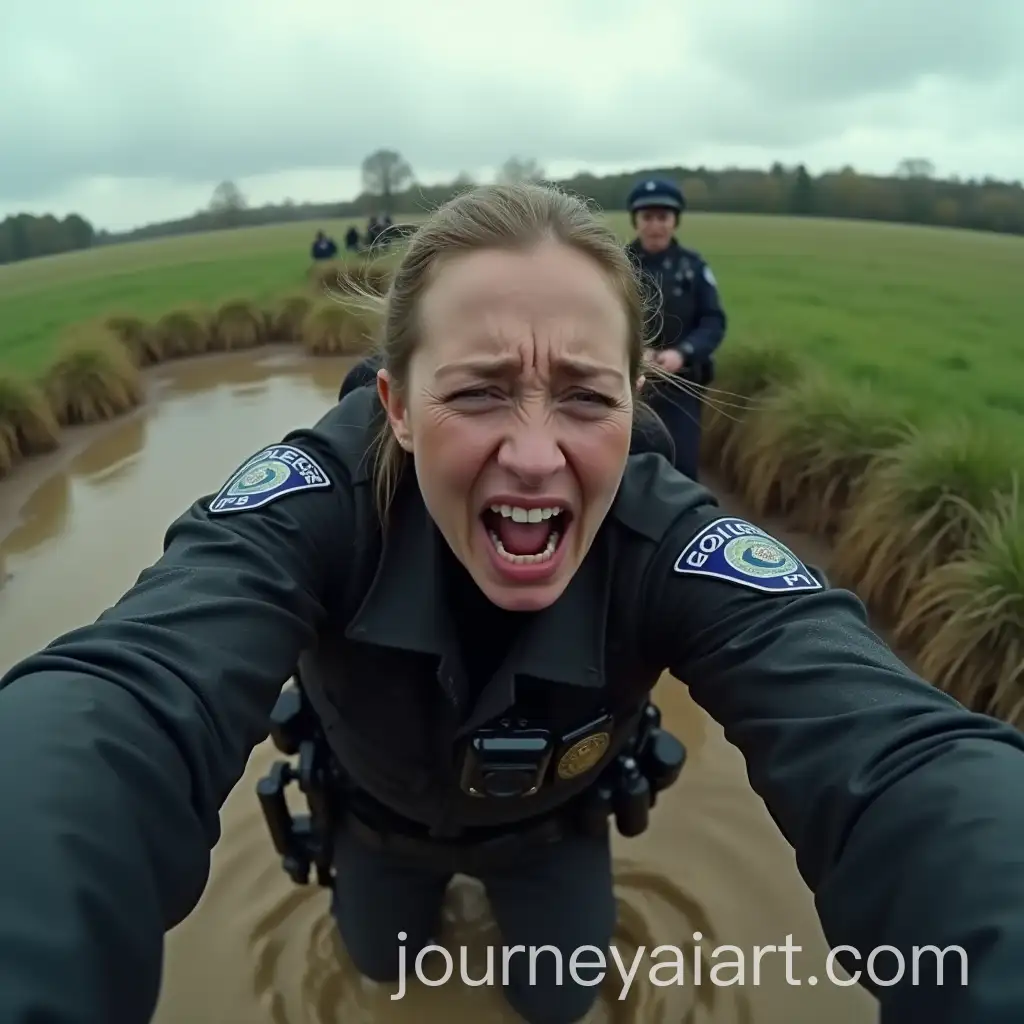 Female-Police-Officer-Fallen-in-Muddy-Water-with-Frustrated-Expression-in-Tactical-Gear