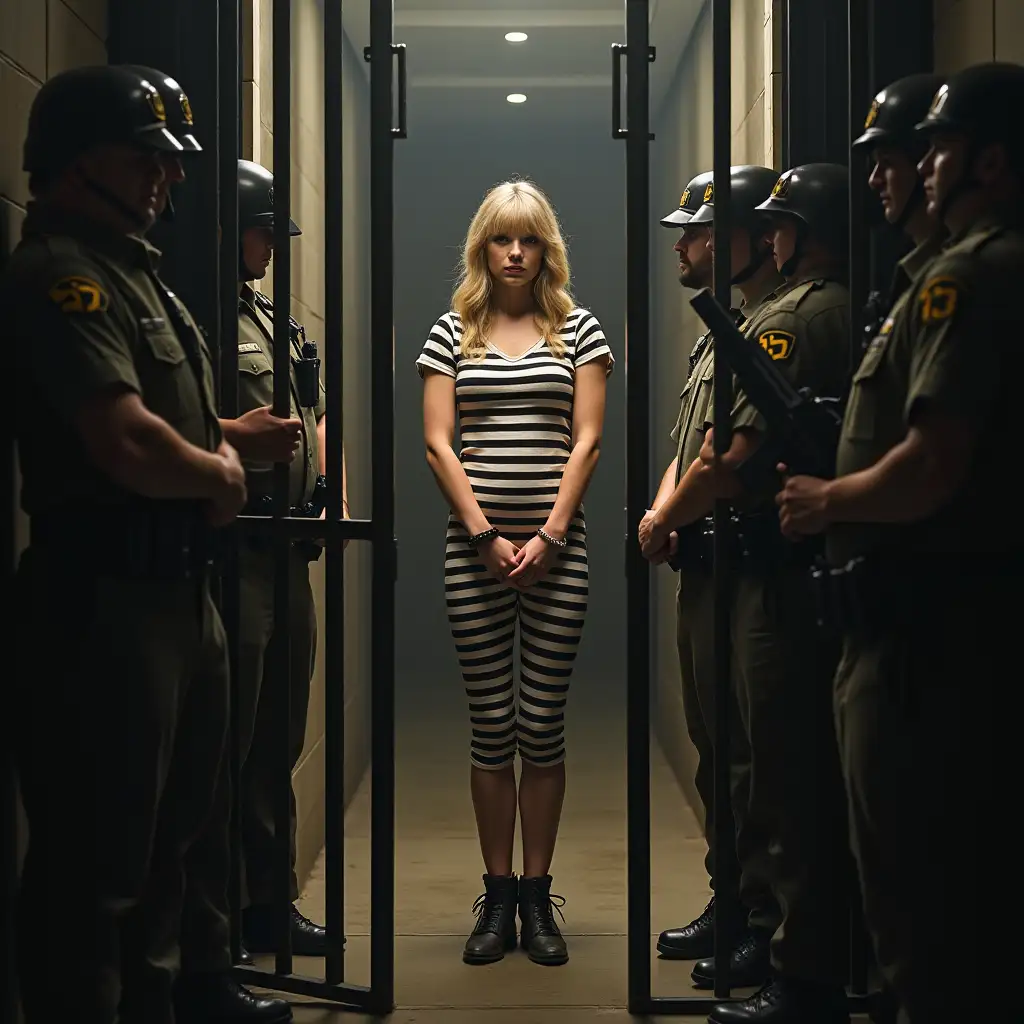 Taylor Swift was imprisoned, with clearly visible iron bars and prison uniform numbers, showcasing his authentic style. Trump is shackled and guarded with guns by prison guards