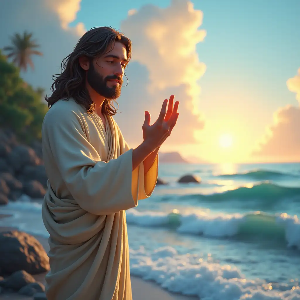 A comforting and emotional scene of Jesus of Nazareth standing by the sea, with his hand gently raised in blessing, as the waves calm before him, in the style of rendered in Cinema4D, charming and divine character, vibrant and peaceful atmosphere, intricate details like soft glowing light, flowing robes, and expressive gestures, dramatic shading with soft highlights, cartoonish caricatures with a touch of realism, biblical theme, colorful and engaging, inspired by Rudolph Belarski's dramatic compositions, aspect ratio 17:32, stylize 750, version 6.