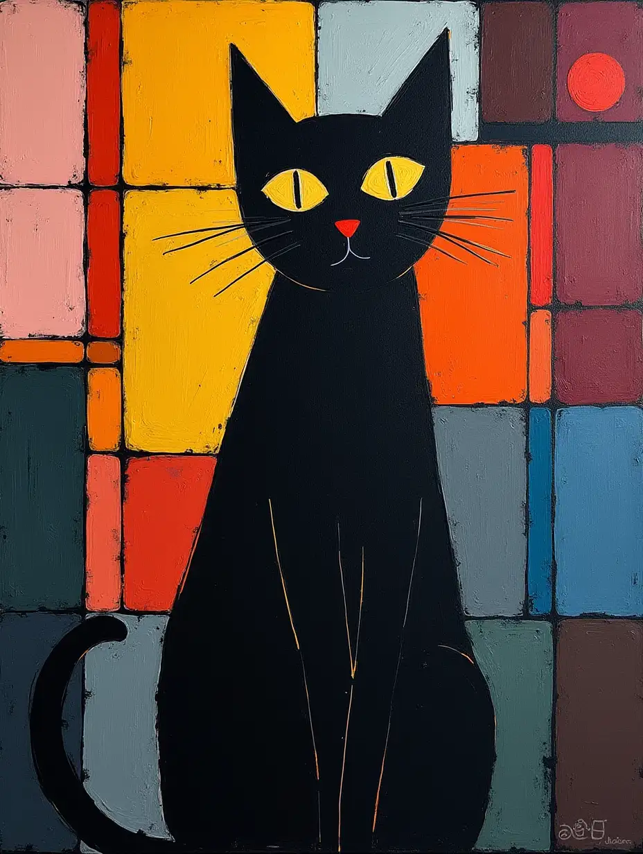 A grid picture of a cat in the style of Kandinsky, Malevich, minimalism, simplified for a beginning acrylic painter with many colors, constructivism abstractionism, dark and gloomy.