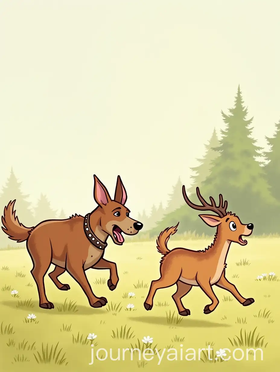 Two-Hunting-Dogs-Chasing-a-Little-Deer-in-a-Forest-Scene-for-Kids