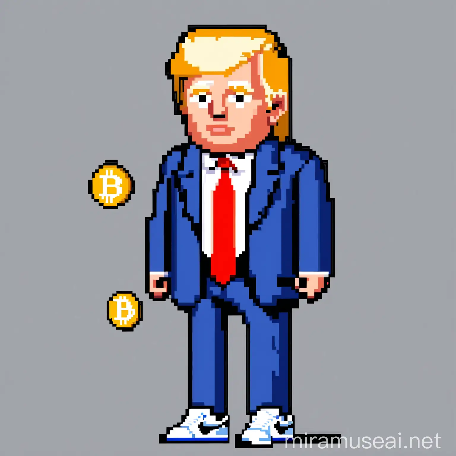 Pixel Art of Donald Trump Holding Bitcoin and Wearing Nike Sneakers