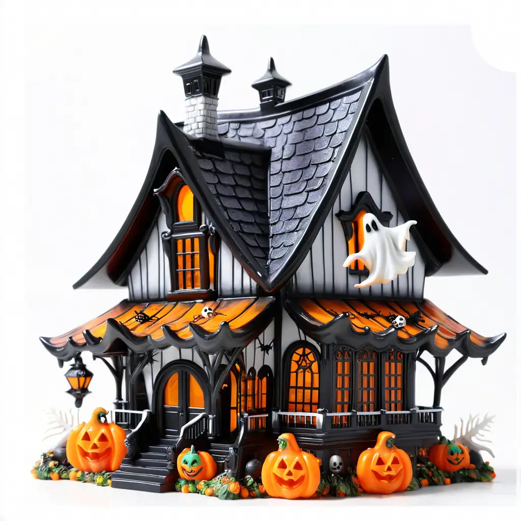 Halloween Resin Ghost House with Pumpkin Ghost Spider Decoration