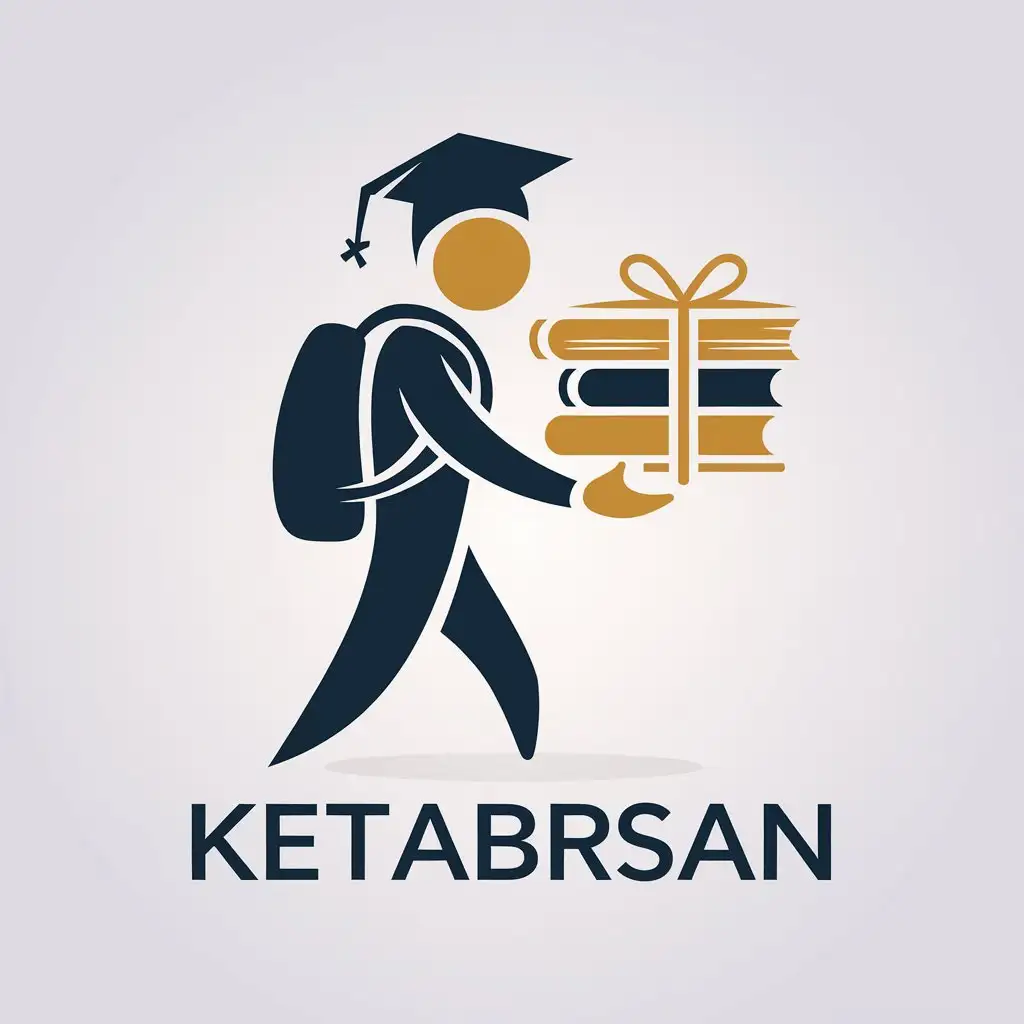 a vector logo design,with the text "ketabrsan", main symbol:Design a logo for me which shows a student who has a backpack and a student cap and is handing over a package of books that is wrapped around a ribbon. The student is walking One of his hands is empty and the other hand is holding the bundle of books,Minimalistic,clear background