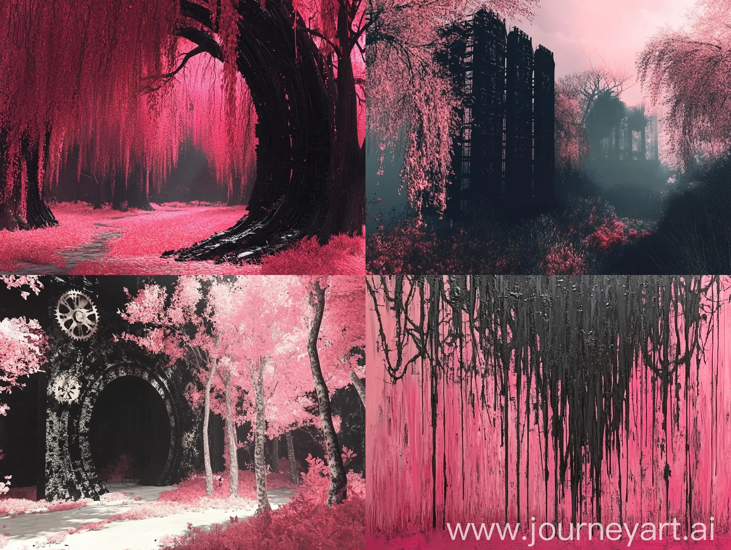 Enchanted-Pink-Willow-Forest-with-Giant-Black-Mechanical-Wall