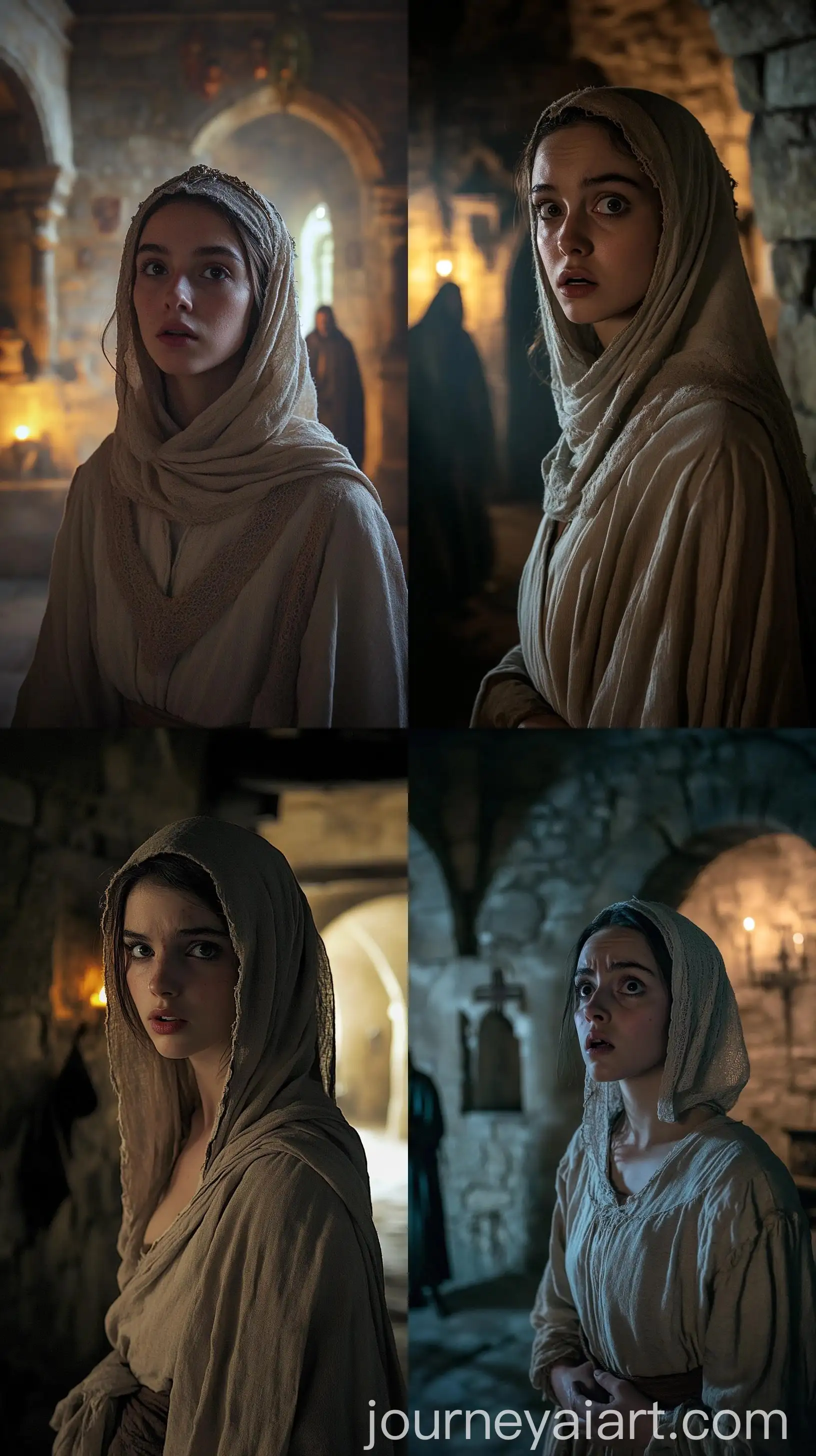 Medieval-Woman-Witnessing-Visions-of-War-and-Famine-in-Stone-Room